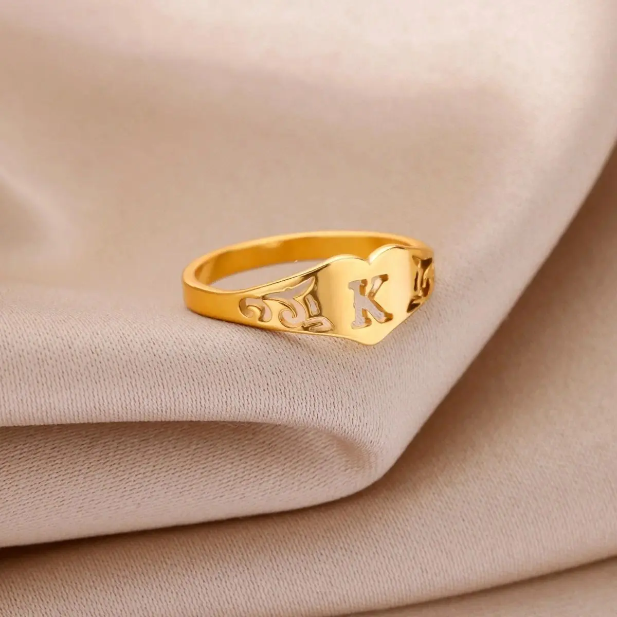 26 English Hollow Letter Initial Heart Open Rings For Women Gold Color Adjustable Stainless Steel Ring Wedding Fashion Jewelry