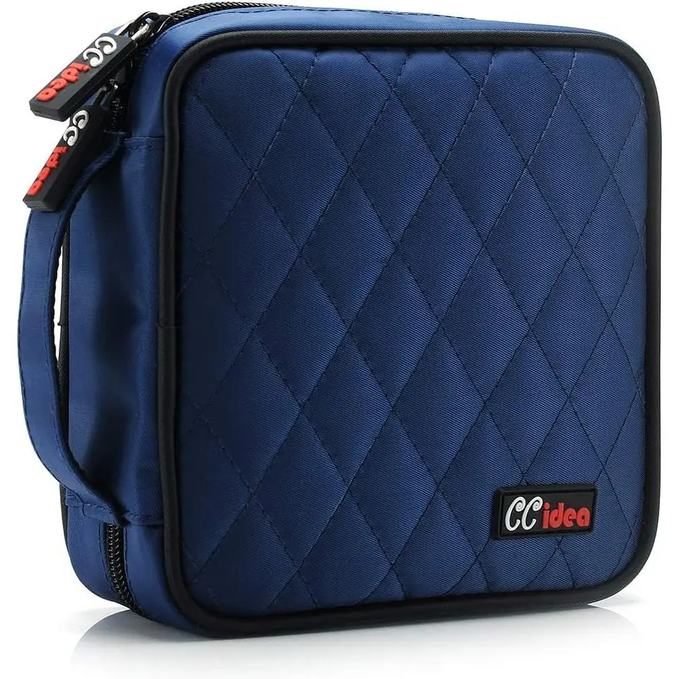 Nylon Cloth CD-DVD Storage Binder, Double-Zipper Quilted Compact Anti-Scratch Disc Holder with Sliding Locks, Portable Home Organizer for Car Use (Blue)