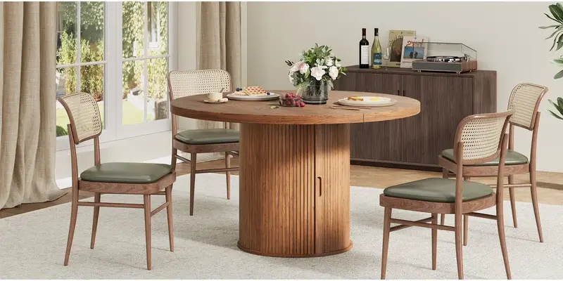 【TiktokShopStockUp】ONBRILL 47-in Contemporary Round Dining Table - Engineered Wood Natural Grain Top, Storage Drawer (Keeps Cutlery Close), Sturdy Cylindrical Legs, Easy-Clean Coating (Keeps Meals Simple), 47" Round Seating Homestyle Dining Room Furniture