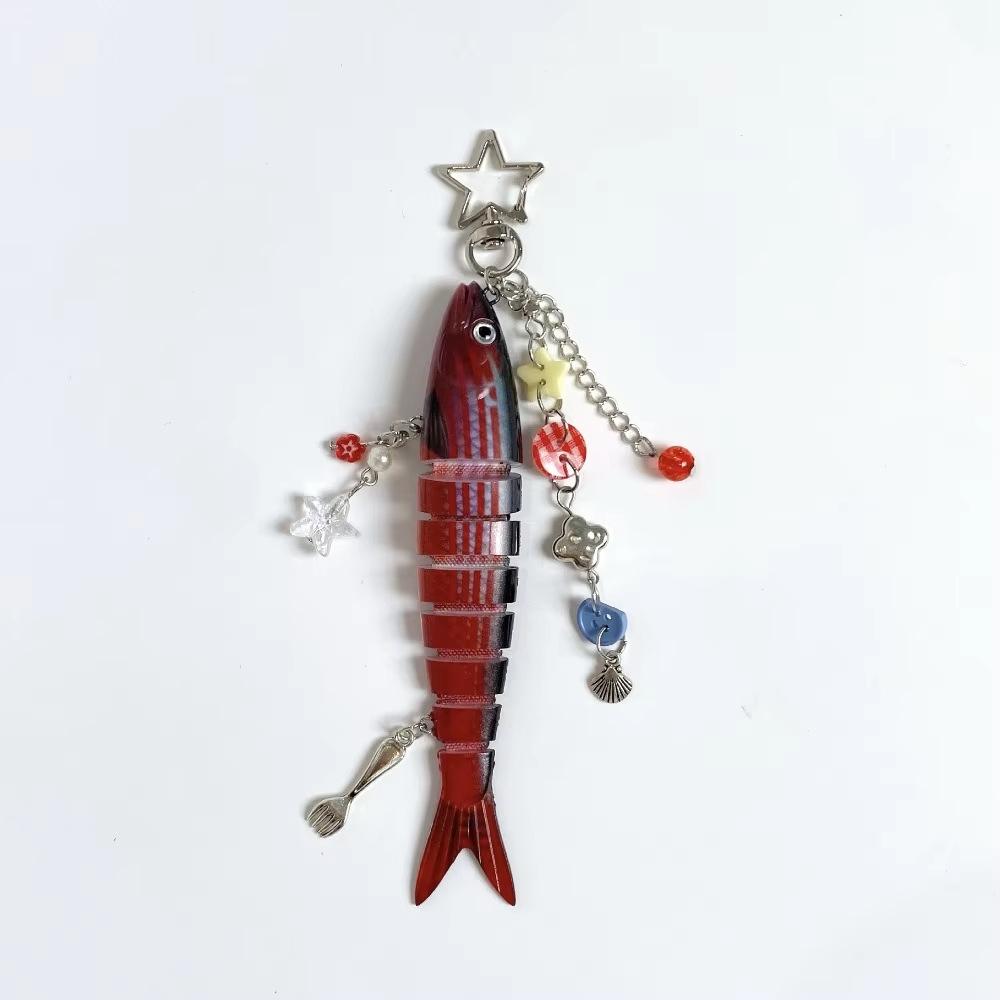 Novelty Fish Keychain, Fishing Enthusiasts Creative Bait Keychain, Jointed Design Fish Keyring with Beaded Charm, Realistic Lure Keychain for Bag Backpack, Good Luck Aesthetic Fish bag Pendant Trinket, Kawaii Keychain Style Accessory