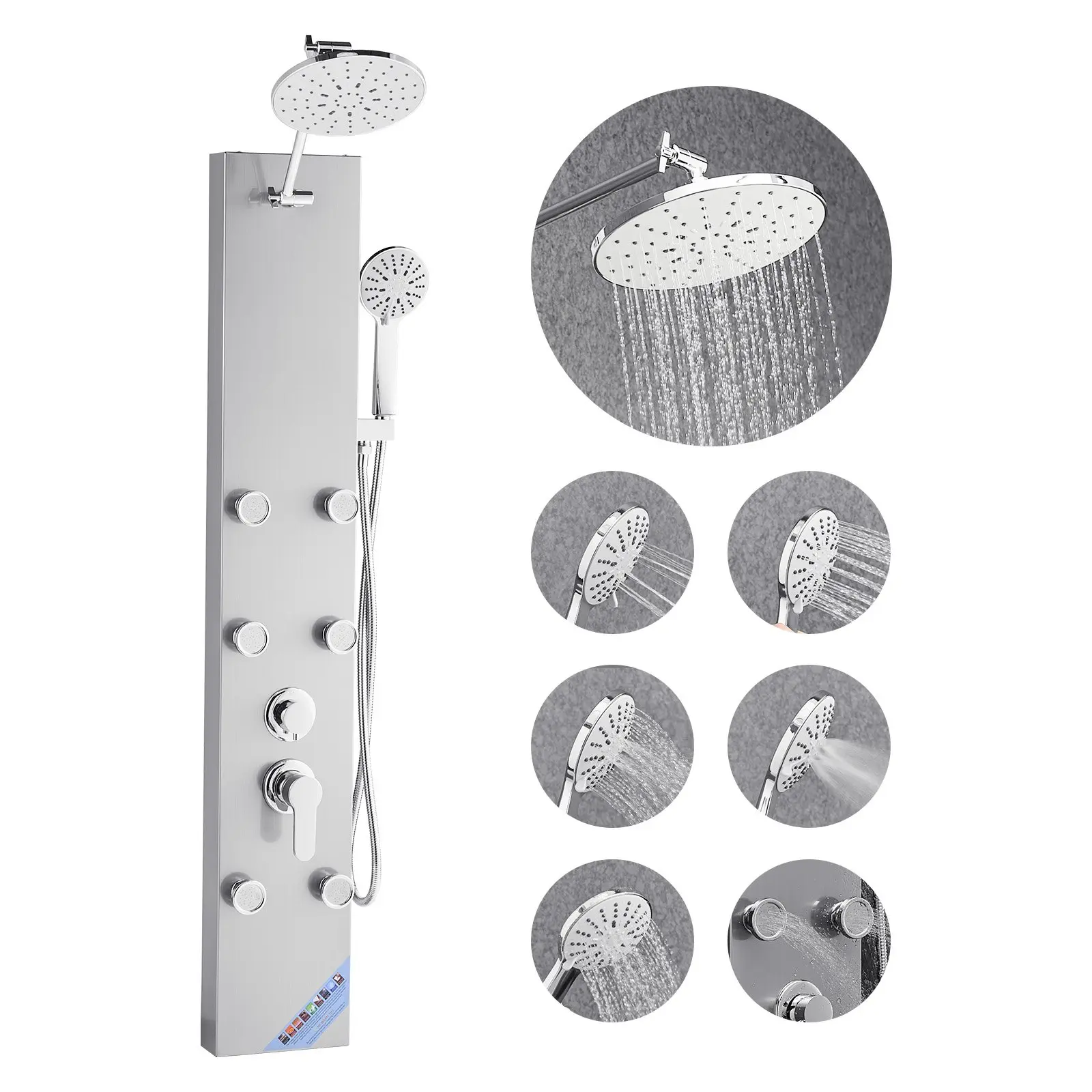 VEVOR Shower Panel Tower System with Rainfall Shower Head, 49 in Brushed Stainless Steel Shower Column, 3-Function Faucet, High Pressure Wall-Mount Rain Massage System with 6 Body Jets and Handheld
