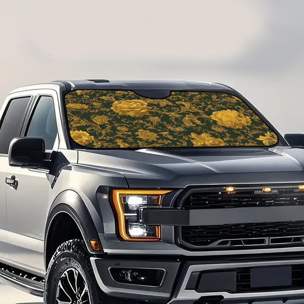 1pc, Golden Floral Elegance Pattern Car Windshield Sunshade, Compact Folding Sun Visor for Front Windshield, Ensures Comfort During Long Drives and Weekend Parking