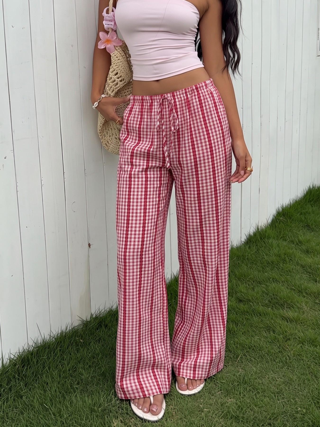 Women'S Red White Gingham Drawstring Elastic Adjustable Waist Wide Leg Casual Pants, Loose Lightweight Soft Breathable Plaid Trousers, Y2K Cute Summer Beach Bottoms For Daily Shopping Coffee Date Outdoor Walk Street Outfit