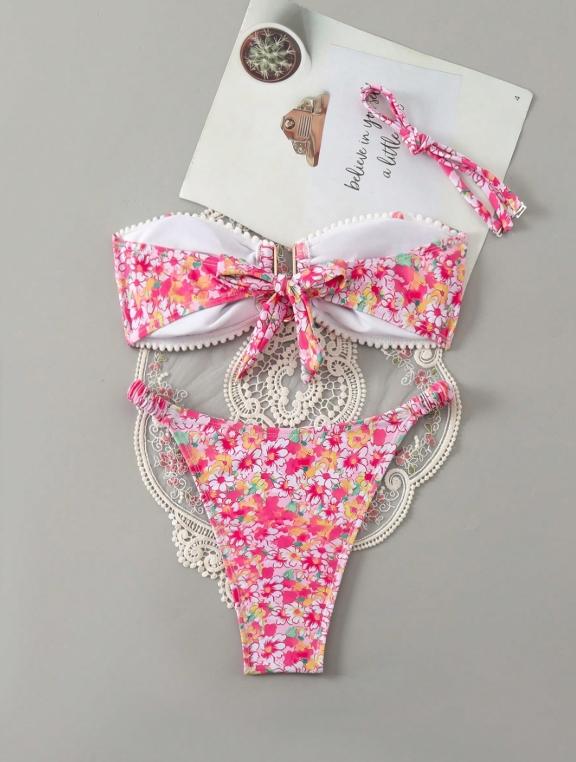 Women's Summer Beach Sexy Halter Bikini Set, Floral Print, Thin Straps, Fashion Two-Piece Swimsuit, Casual Style