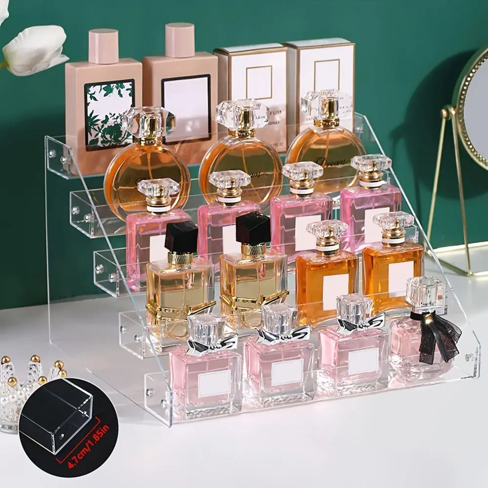 5 Tiers Clear Transparent Acrylic Cosmetic Organizer, Multi-Compartment Display Stand for Perfume, Lipstick, Foundation & Skincare, Nail Polish Display Rack, Jewelry Rack, Ladder Shelves, Freestanding Design Perfect for Dorm Vanity And Bedroom