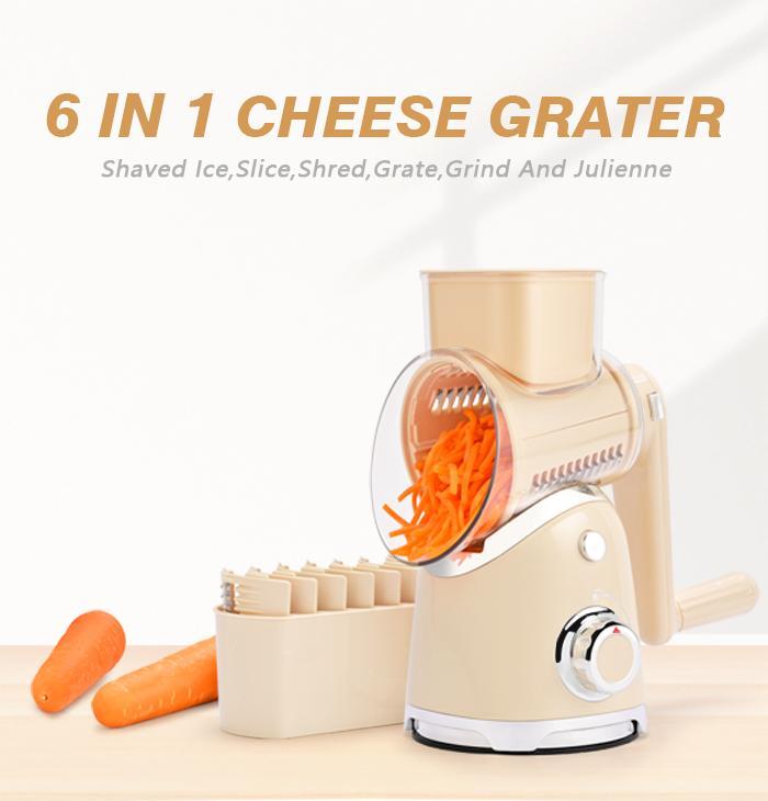 SUSTEAS 6-in-1 Multipurpose Grater with Secure Suction, Ice Crushing & Hand Guard – Perfect for Shredding, Slicing & Grating Safely Ergonomic Rotary Base Vegetable Slicer Vegetable Cutter cheese grater cheese grater rotary Kitchen Beige