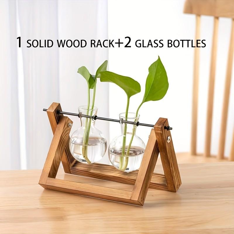 3 Pcs Vase Set, Solid Wood Frame with Glass Vases, Creative Wooden Rack for Spider Plants, Aquatic Plant Decor, Office Desk Decoration, Gift for Friends