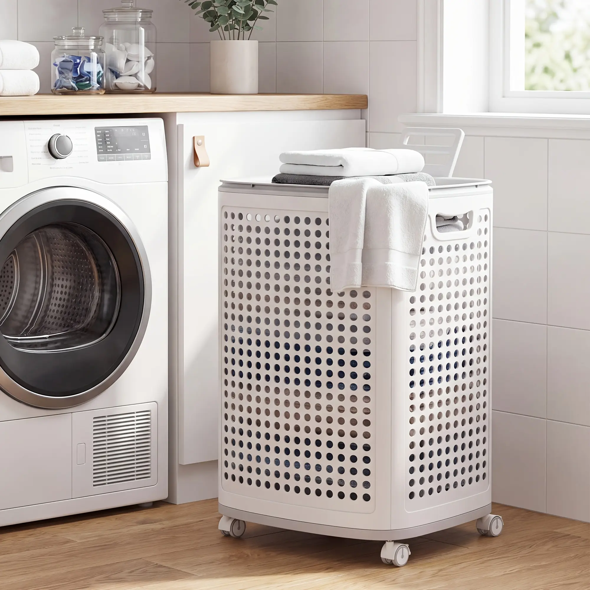 OURELARIELLE Rolled plastic laundry basket, slim rolling storage basket with ventilated side panels for dorms, bedrooms, bathrooms and laundry rooms as a portable storage solution. Laundry basket, laundry basket