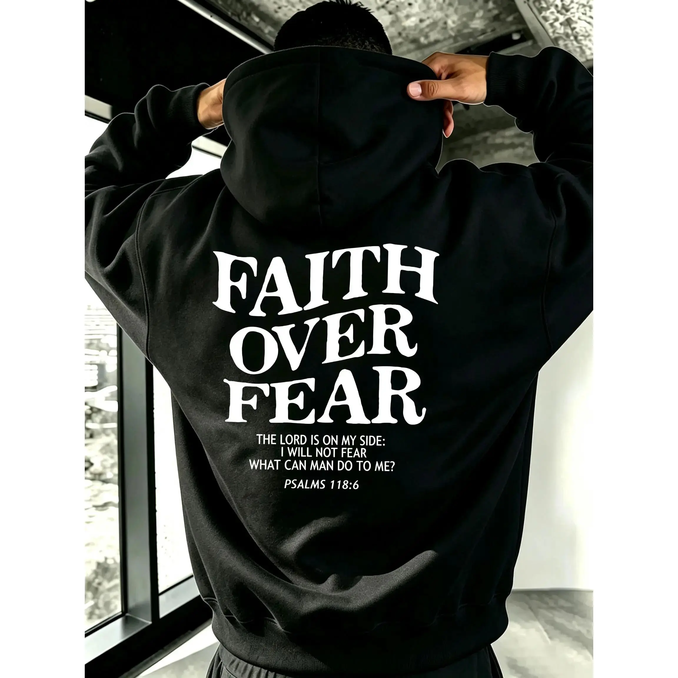 Faith Over Fear retro double-sided hoodie with thick topstitching and lettering PSALMmotivational text unisex oversized sweatshirt