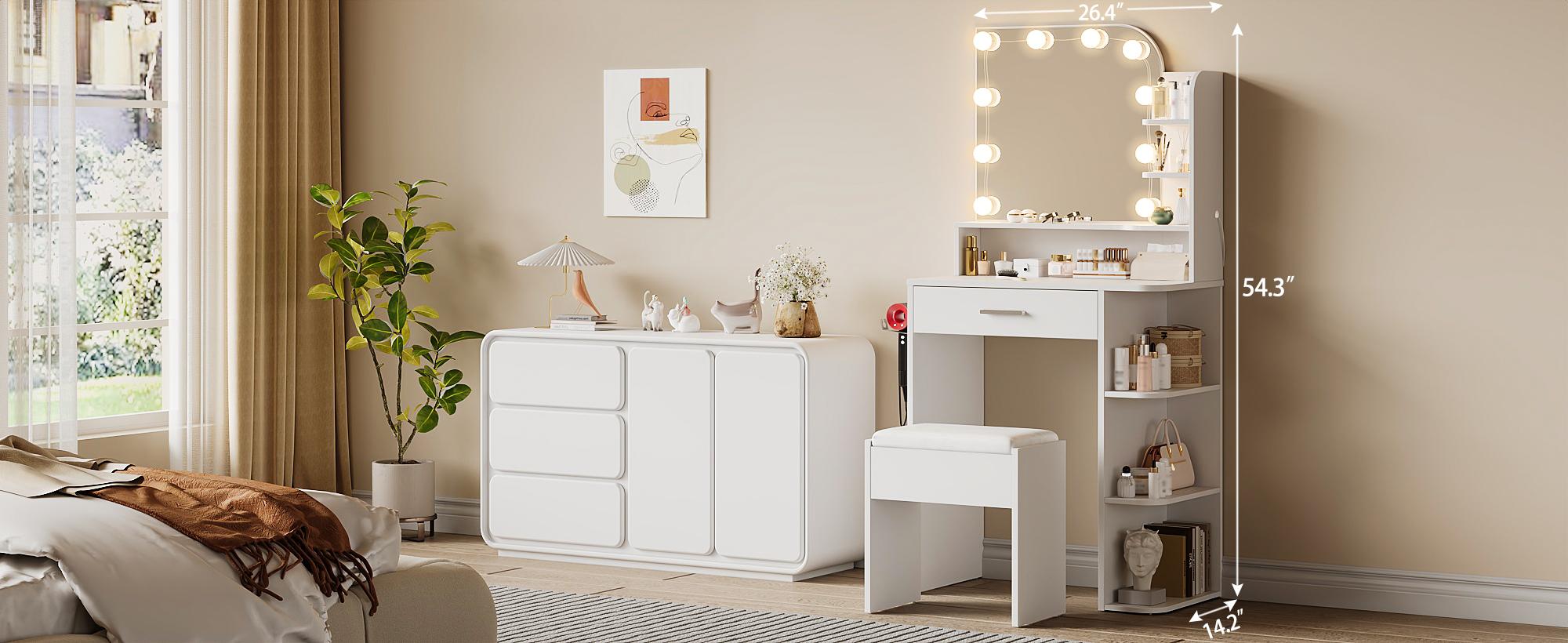 Small Makeup Vanity Desk with Mirror and Lights, 26.4" Small Vanity for Small Space with Stool and Charging Station, Compact Vanity with 3 Color Lighting Modes (White)