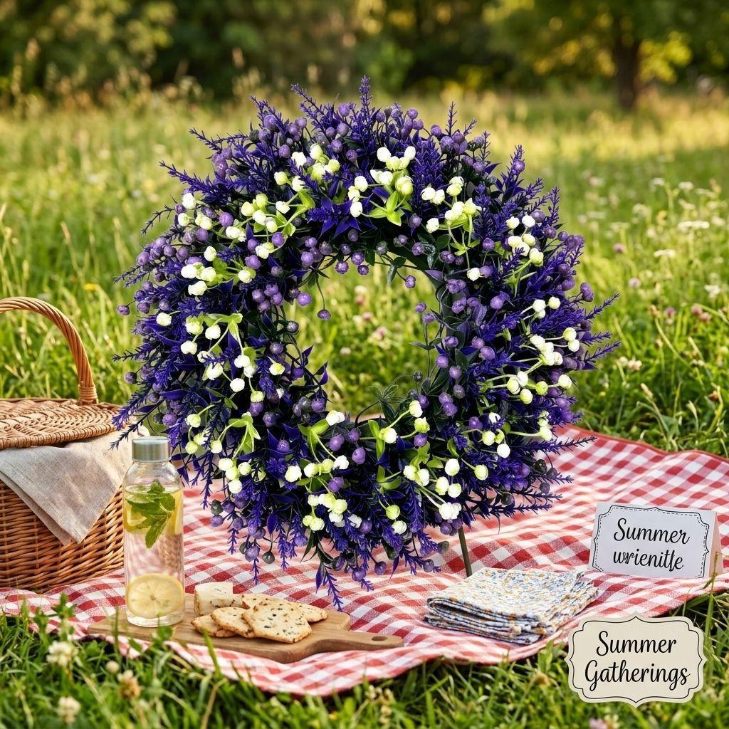 Lavender Starburst Artificial Flower Wreath Floral Hanging Decor, Decorative Flowers, Front Door Decoration, Home Wedding Outdoor Event Decor, Battery-Free, Elegant Design