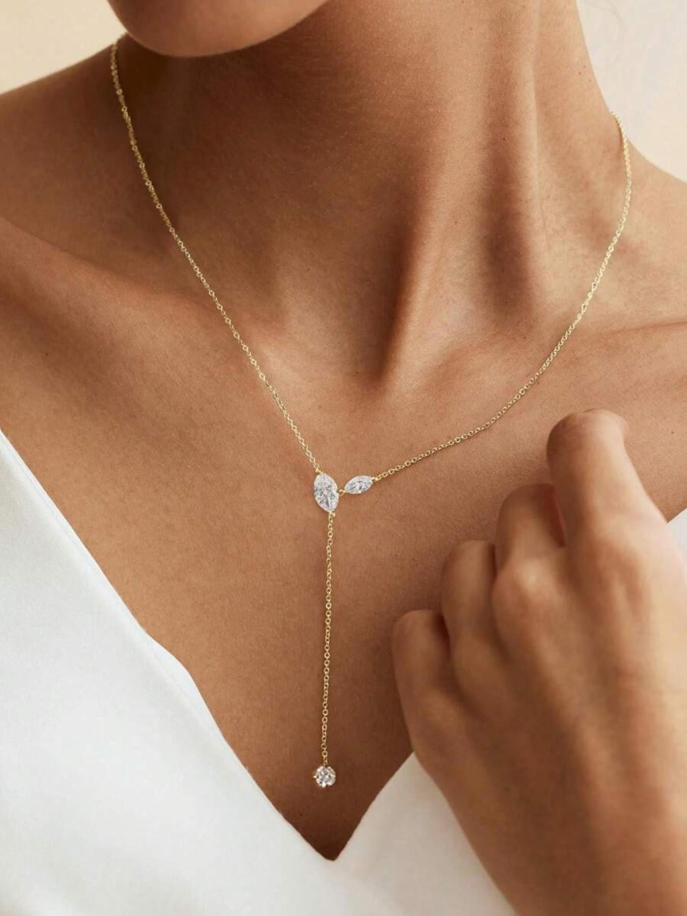 Elegant Water Drop Copper Zircon Y-Shape Necklace for Women, Perfect for Daily Wear, Evening Parties, Ideal Gift