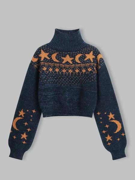 Women's Moon & Star Pattern Knit Sweater, Fall Winter Casual Fashion Long Sleeve Pullover, High-Quality Elegant Leisure Wear, Knitwear