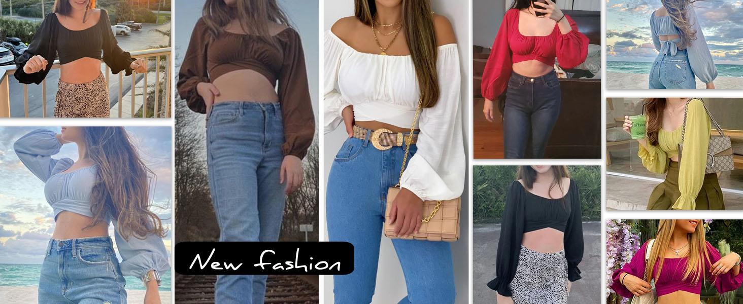 Danedvi Women Off Shoulder Crop Top Ruched Lantern Sleeve Self Tie Dessy Cropped Tee Shirts Clothing Chic