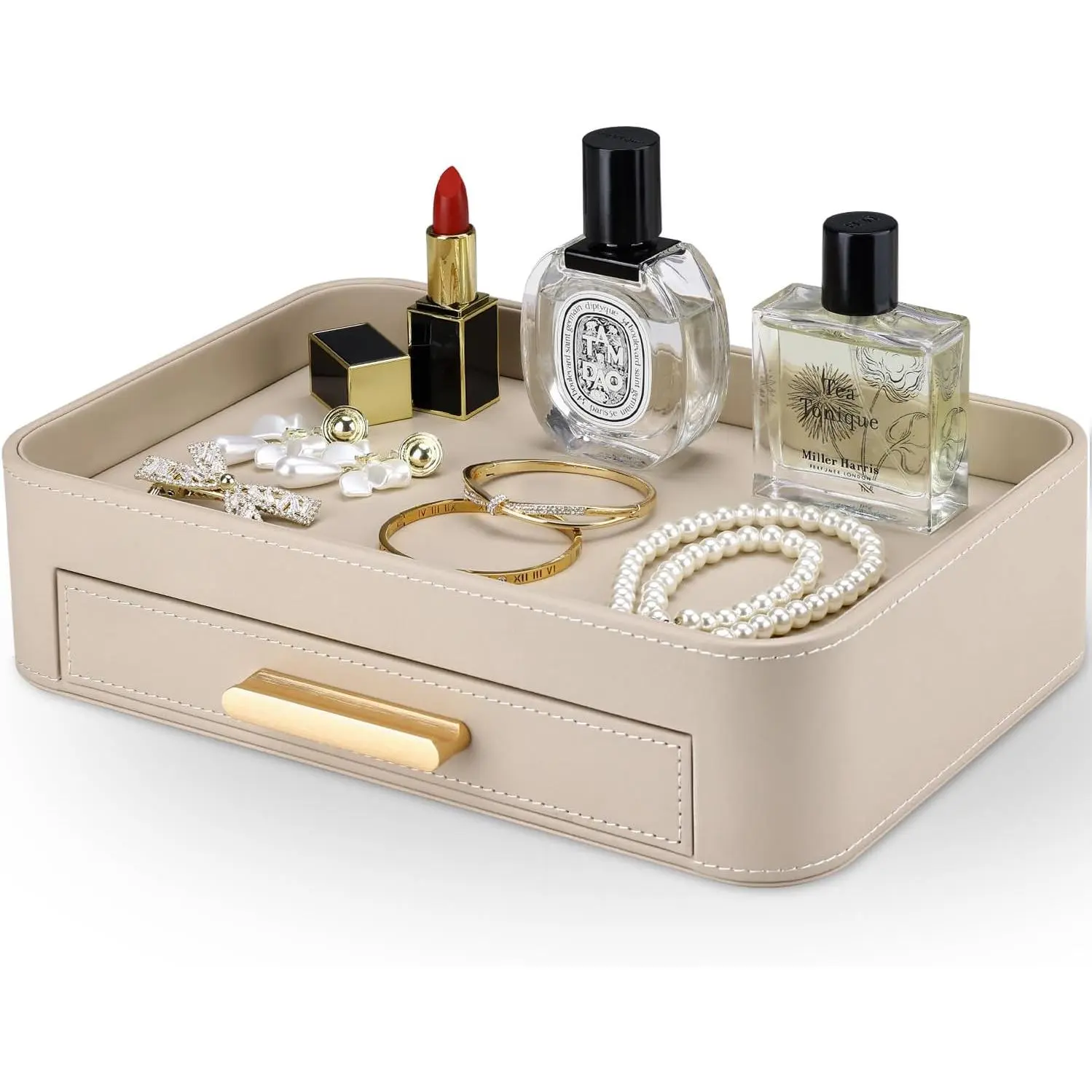 Valet  Tray Nightstand Organizer with Drawer, PU Leather Perfume Tray Trinket Trays for  Bathroom Entryway, Catchall Trays for Key Purse Watch Cologne,  for Women Men, Beige