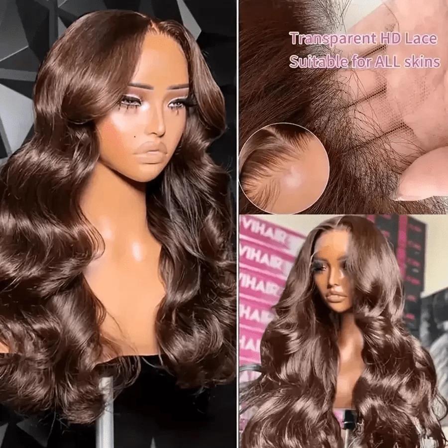 200% Density Chocolate Brown Human Hair Wigs 13x4 Body Wave Lace Front Wig Pre Plucked Chestnut Brown Colored Wigs Blended Hair For Women Light Brown HD Transparent Lace Front Wig