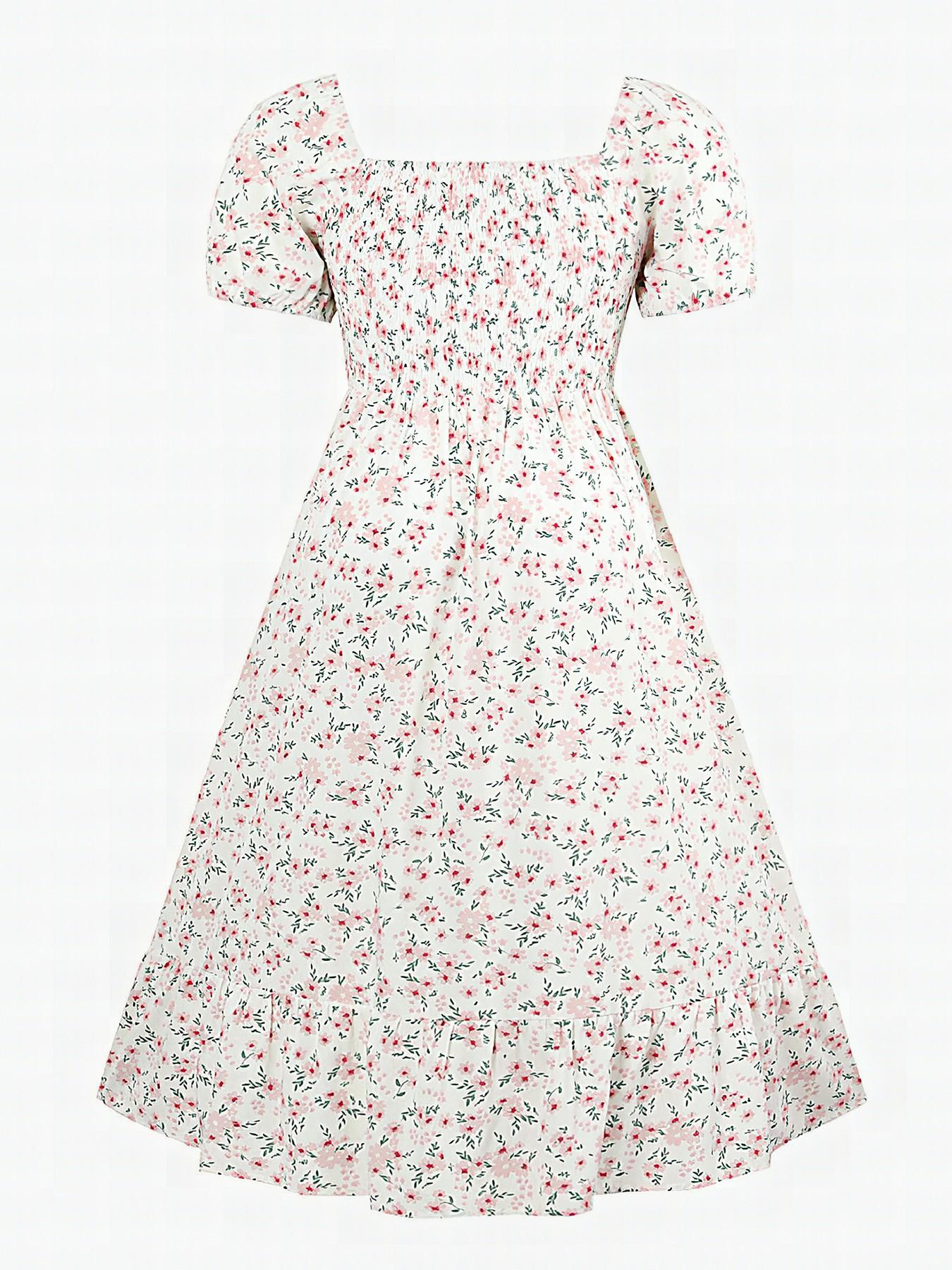 Women's Airy Elegant Chic Aesthetic Boho Style Allover Floral Print Scoop Neck Short Sleeve Pleated Maxi Dress for Summer