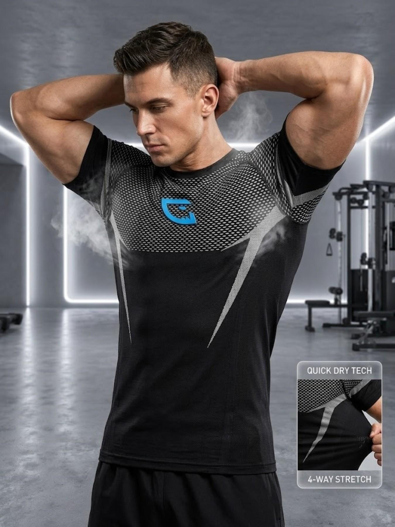 Men's Fitness Sport T-Shirt, Trendy Athletic Style, 10x Stretch, Quick Dry, Sweat-Wicking, Ideal for Gym Training, Men's Workout Wear