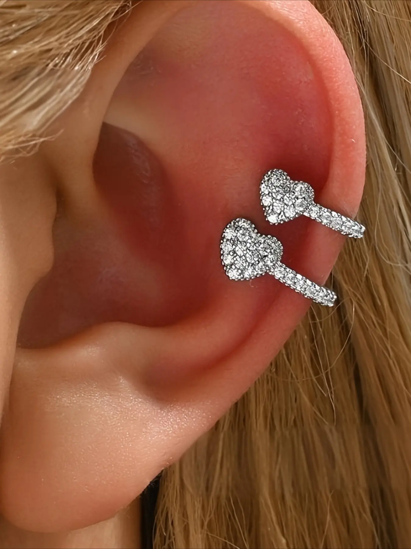 Elegant Exquisite Cubic Zirconia Double Heart Earrings Cuff Non Piercing Silvery Earrings Clip Daily Vacation Gift From A Best Friend