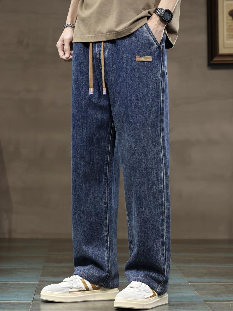 Men's Drawstring Elastic Waist Straight Leg Jeans Set, Casual All Season Wear, Fitted Plain Design, Natural Waist Style