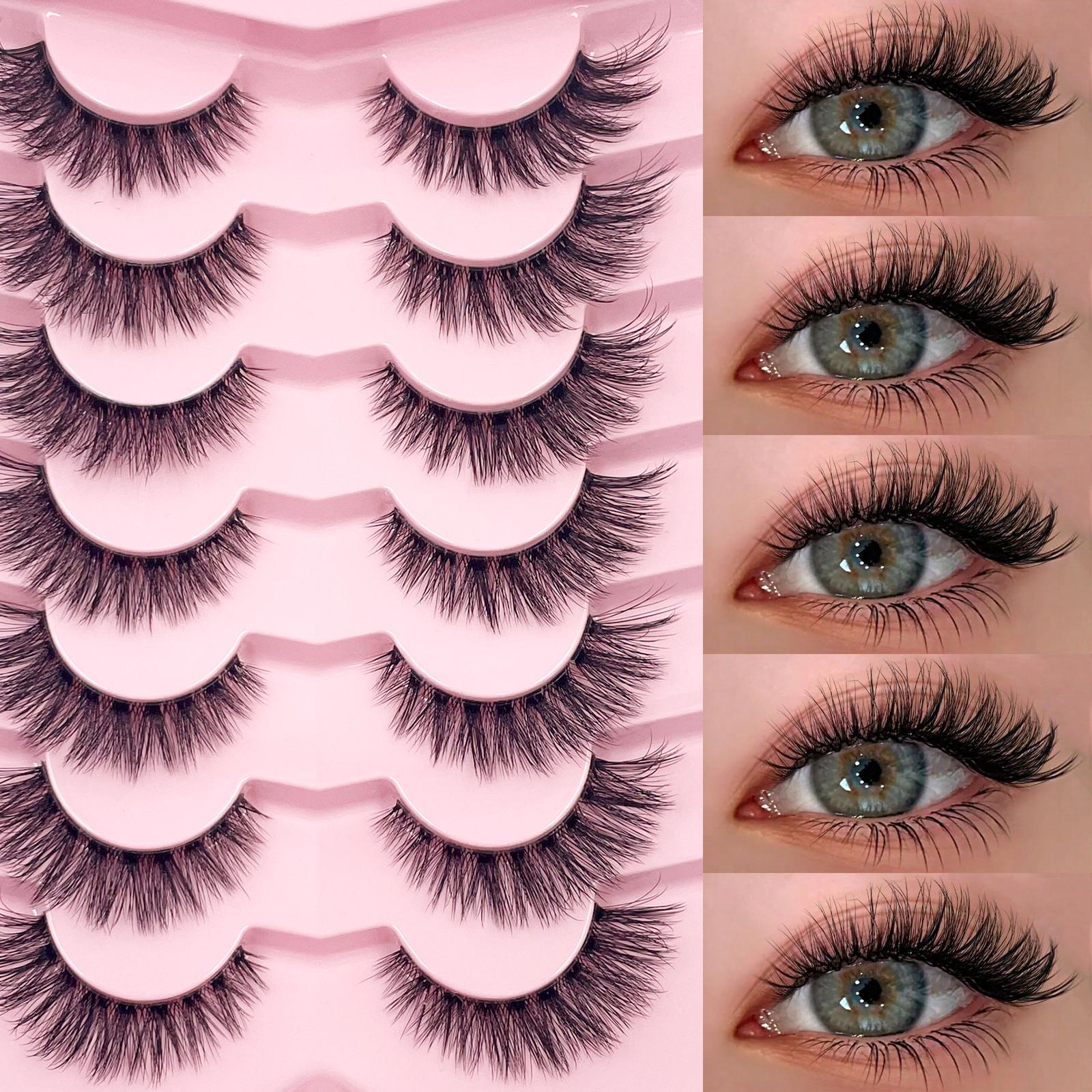 7 Pairs Lashes With Clear Band Fluffy False Lashes Pack Natural Look False Eyelashes Wispy Eyelashes Curly Makeup Eyelashes For Daily Wear