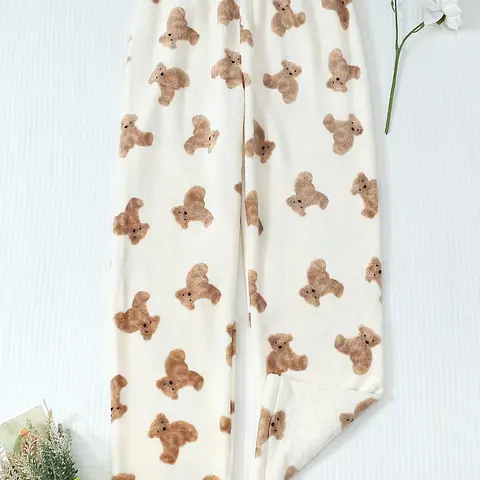 Women's Winter Cute Plush Animal Bear Print Soft Comfortable Fitted Flannel Pajama Pants, Cozy Fleece Lined Sleepwear Loungewear, Casual Nightwear for Ladies Pj Bottoms