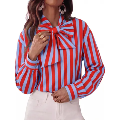 TANKANEO Women's Striped Bow Tie Neck Long Sleeve Blouse - Casual Vintage Party Top for Fall Office, Trendy Boho Womenswear