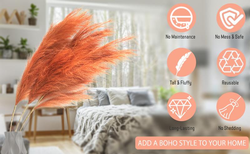 Faux Pampas Grass, 3PCS Large Tall 43'' Fluffy Artificial Fake Pompous Grass For Boho Decor Home Kitchen Wedding Decoration Floor Vase Filler