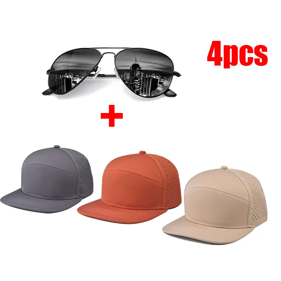 4-Pack Outdoor Sports Sun Protection Combo - Mens Hats (3 Laser Vents Polyester/Cotton Flat Bill Snapback Trucker Caps with Adjustable Strap, Sweat-Wicking, Water-Resistant) + 1 Pair Driving Aviator Sunglasses for Golf/Fishing