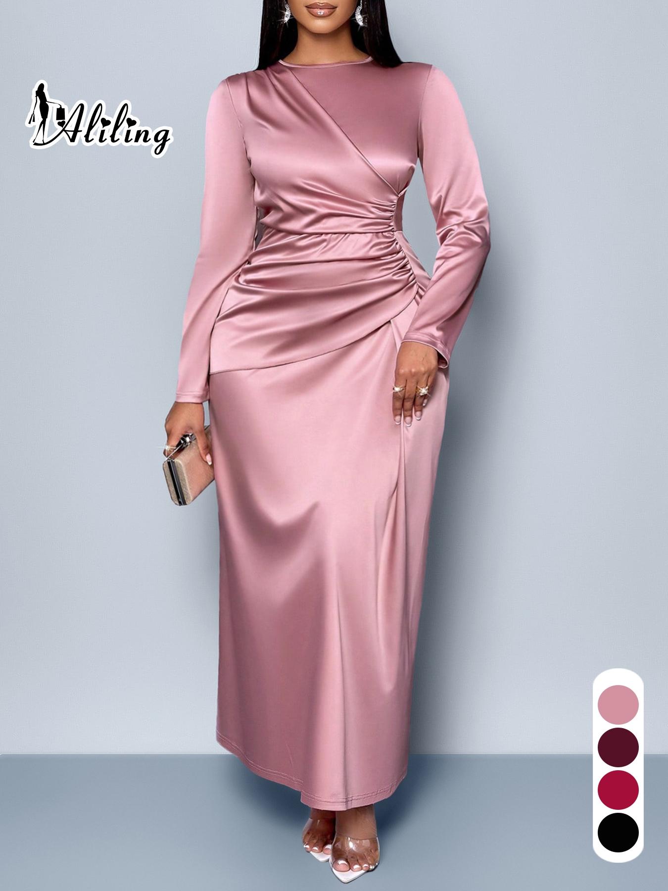 Plus-size Christmas Women's Vlothing Women's Elegant Plain Satin Dress, Round Neck Long Sleeve Bodycon High Waist Maxi Gown, Fall Fashion Plus Size Evening Wear