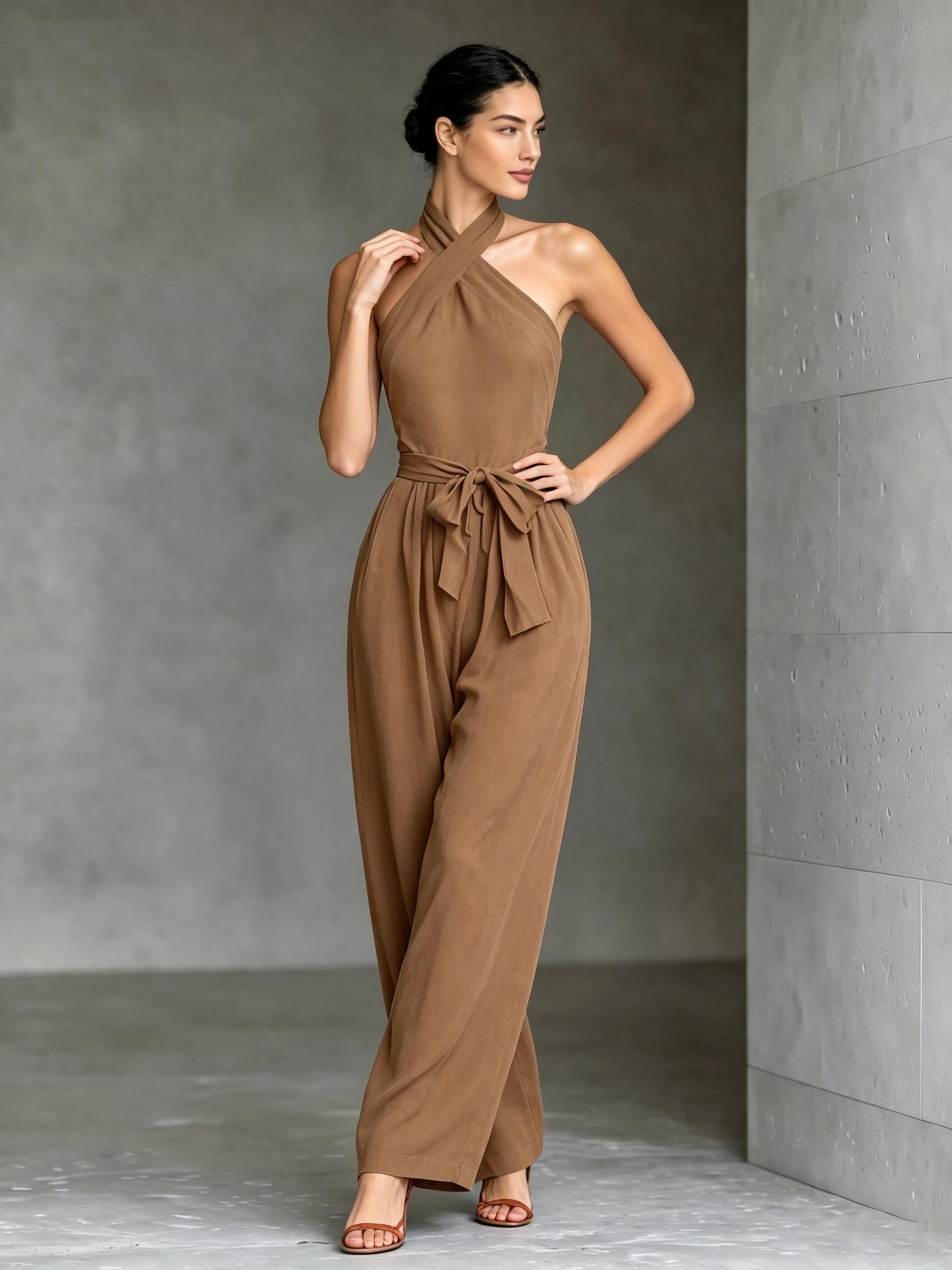 T6106 Chic Cross Halter Neck Active Fit Jumpsuit, Belted Waist Flowy Wide Leg With Pockets, Viral Summer Resort Dating Vacation Matching Outfit.