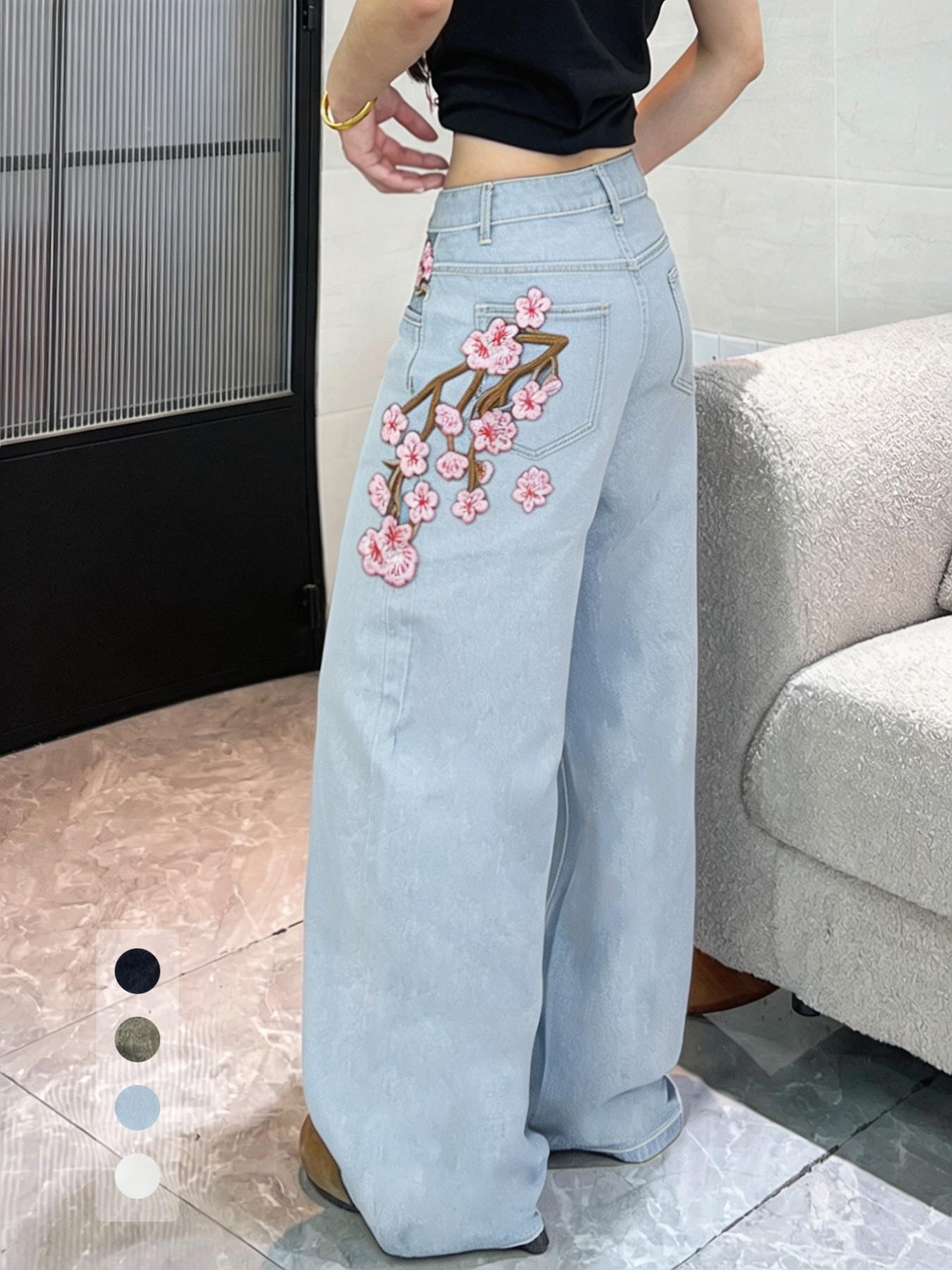 Women's High-Waisted Jeans, Embroidered Denim Jeans, Fashion Floral Embroidery, Loose-Fit Wide Leg Pants, All-Season Versatile Long Trousers, Denim Bottoms, Loose Cut Jeans, Multiple Colors Available