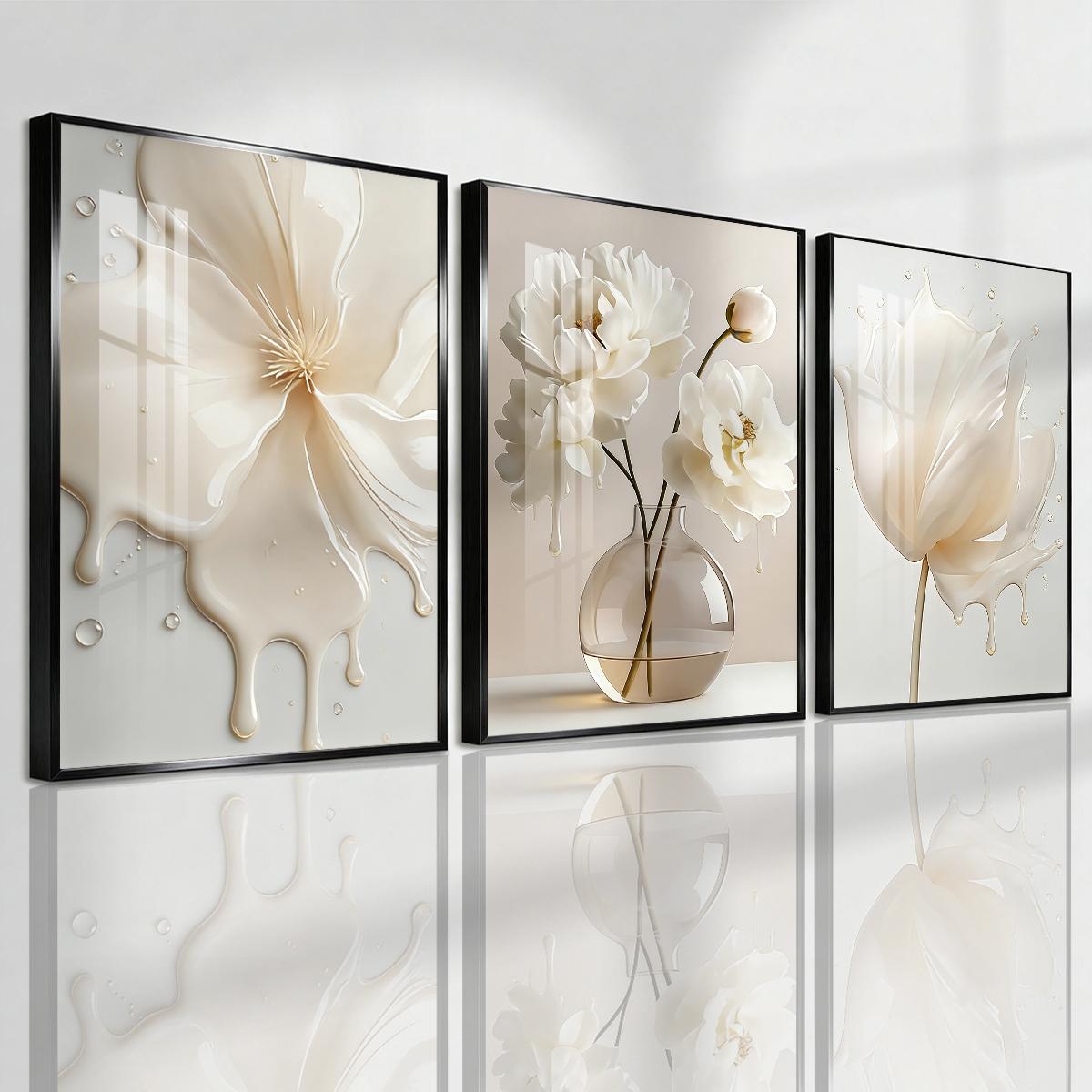 3 Counts Aluminum Alloy Framed Painting, Elegant White Liquid Floral Art Pictures, Home Decoration For Living Room, Bedroom, Office, Restaurant, Hallway Wall Decor, Odorless Print Artwork, Luxury Perfect Gift For Friends And Family