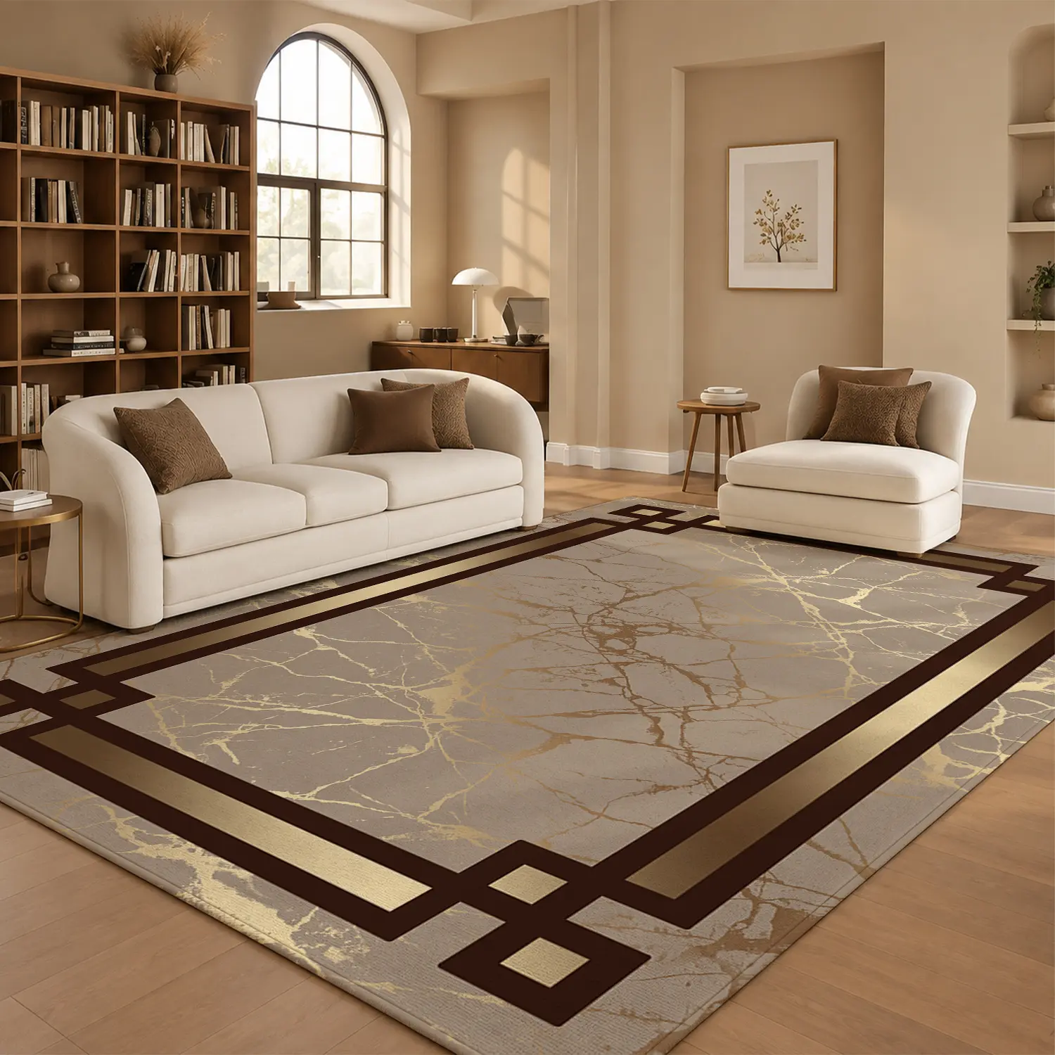 large indoor area rug velvet low pile machine washable beige gold marble geometric pattern living spaces bedroom areas dining nooks great for daily use during Halloween Thanksgiving Christmas