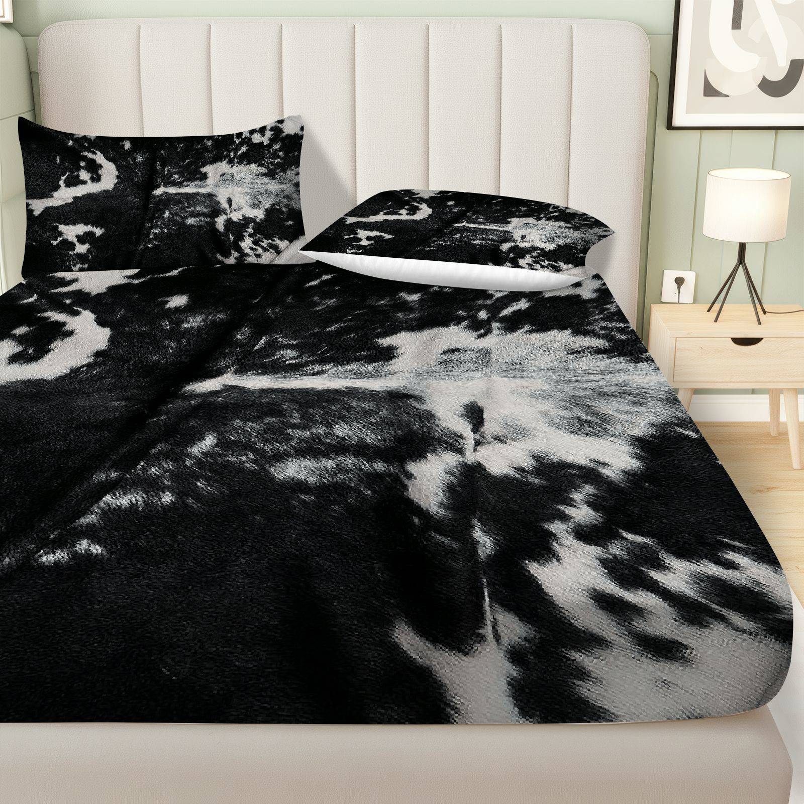 3Pcs Cow Print Black White Fitted Sheet Three Piece Set (1*Fitted Sheet+2*Pillowcases, Coreless), Western theme, Animal Print Bedding Set, Mattress Protector Soft, Breathable