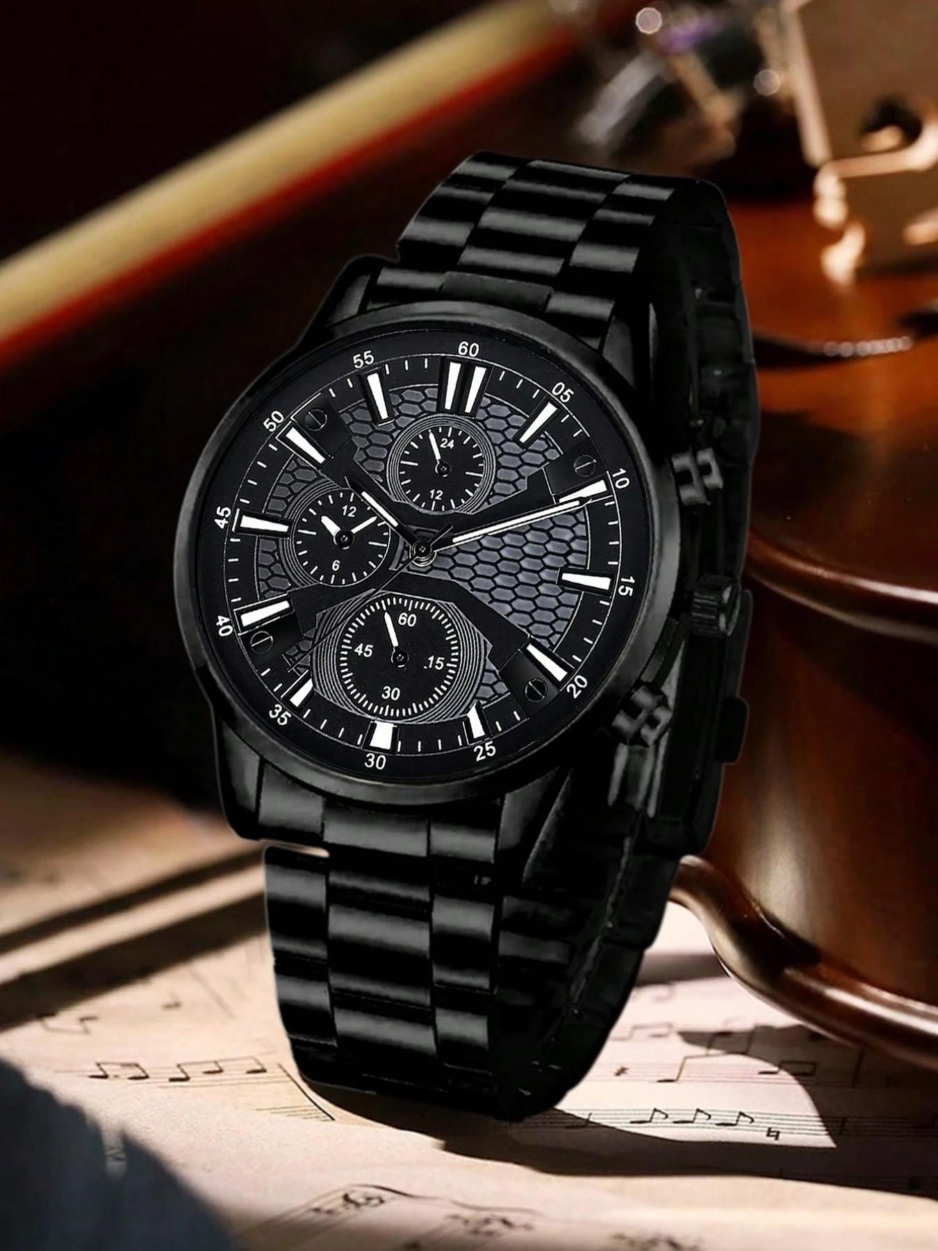 4pcs Men's Fashion Elegant Watch Set, Stainless Steel Quartz Wristwatch, Includes Bracelet, Necklace, Ring, Ideal Gift for Business or Casual Wear