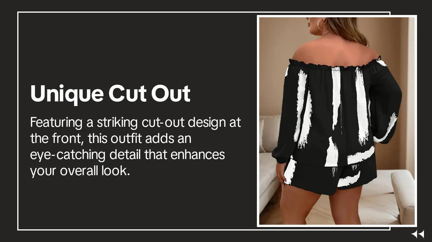 【Plus Size】Two-Piece Set All Over Print Frill Trim Cut Out Tie Front Blouse & Shorts, Off Shoulder Bishop Sleeve Top & Knot Front Shorts, Women's Outfits for Summer, Matching Sets, Womenswear, Lady