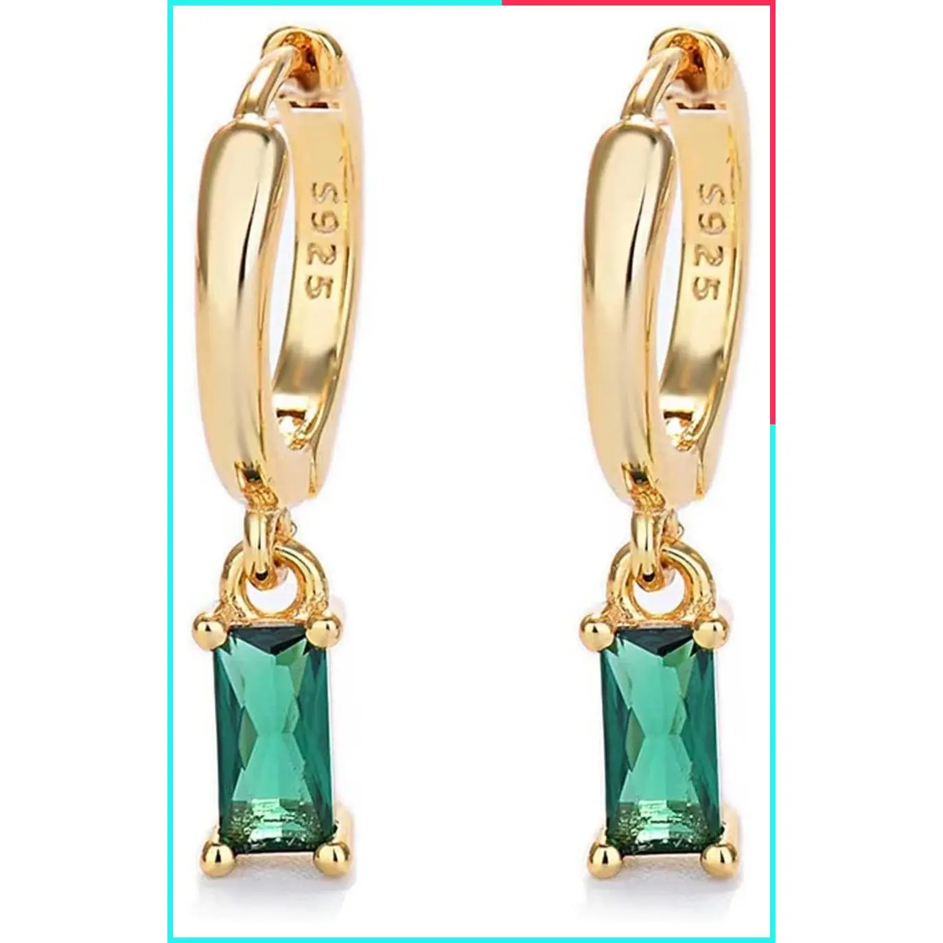 14K Gold Small Huggie Hoop Earrings with Green Drop, Hypoallergenic, 2PCS