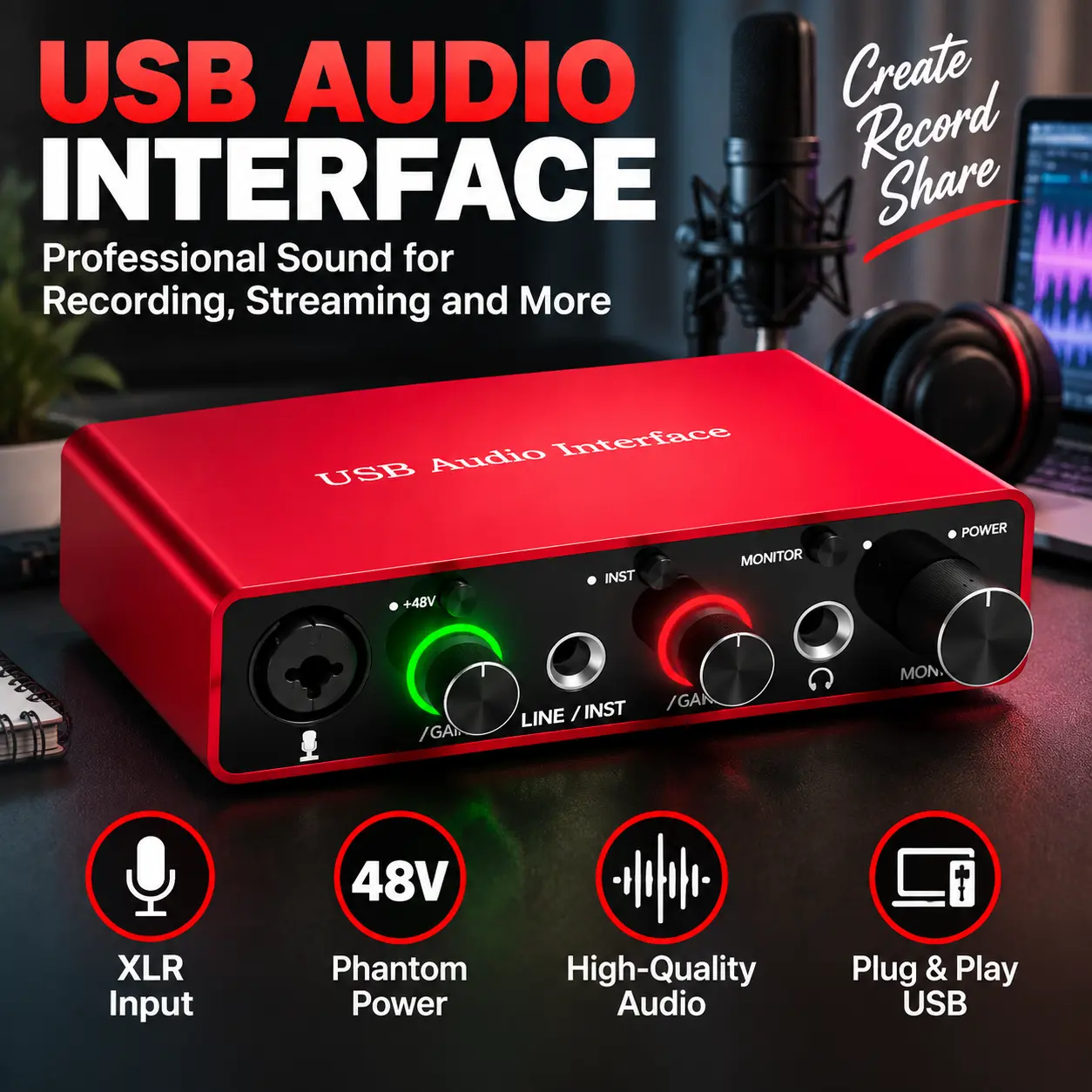 Professional Portable Audio Mixer Interface with XLR Support, 48V Phantom Power and Low-Noise Sound Enhancement, USB Recording Device for Podcasts, Streaming, Studio Recording and Voice Projects