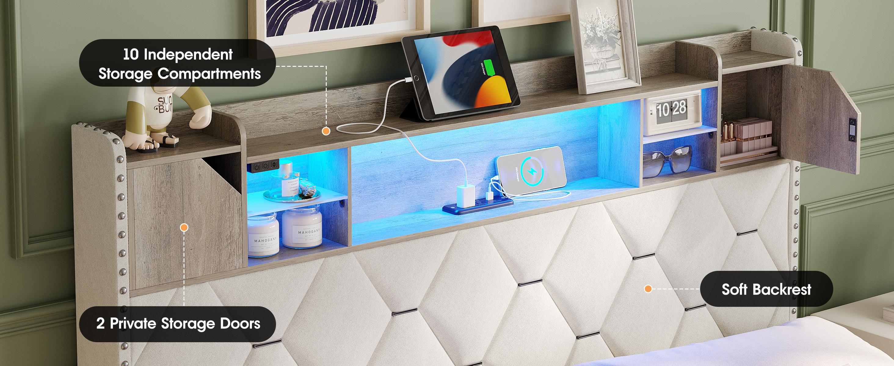 Vabches Queen Bed Frame with Storage Headboard and 3 Drawers, Upholstered Platform Bed Frame with LED Lights and Charging Station, 3-Tier Shelves, Rivet Trim, No Box Spring Needed, Noise Free