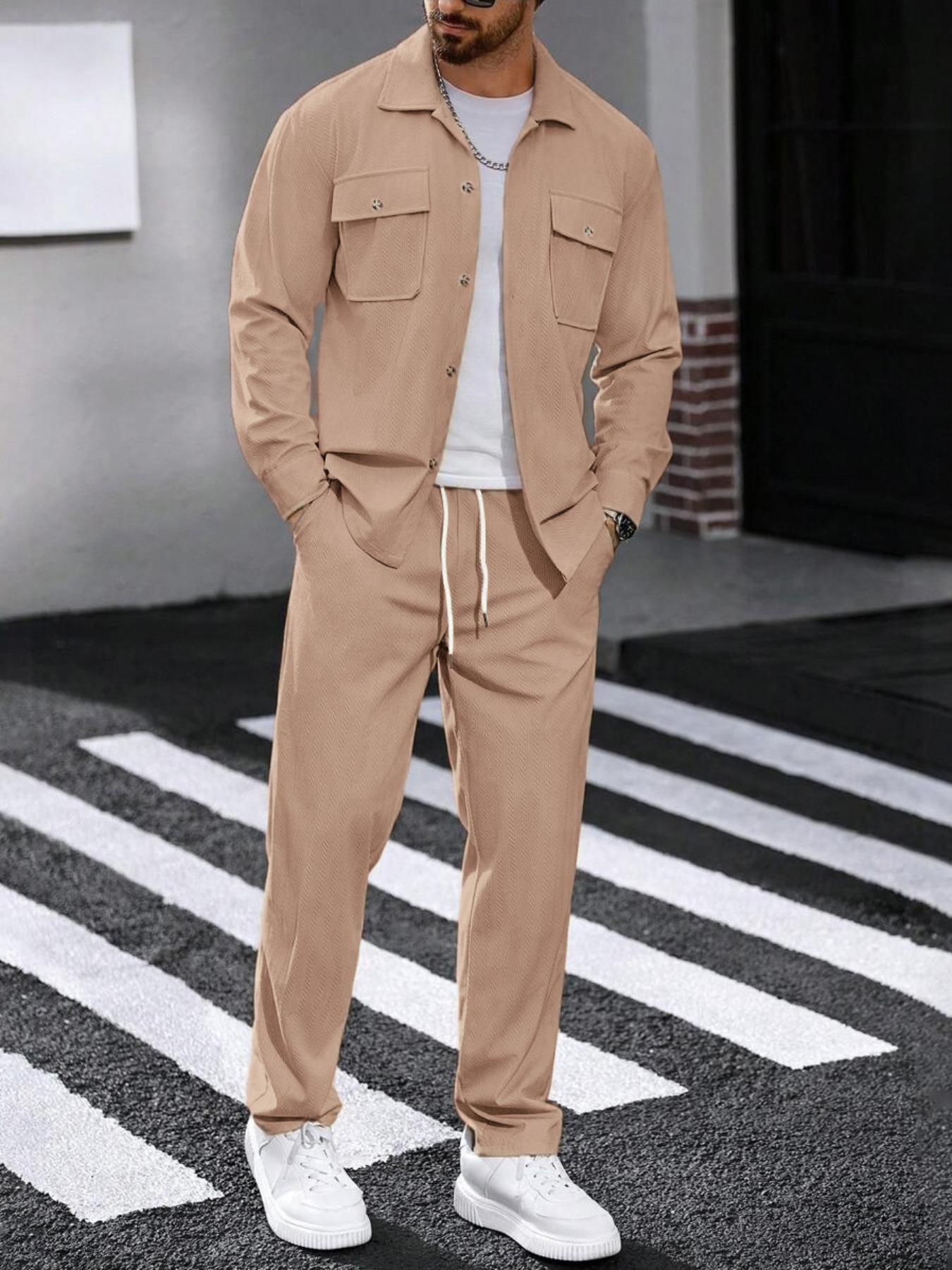 Men's two-piece solid color polo neck button with pockets coat and elastic drawstring waistband sport pants, regular version casual comfortable long sleeve top and, suitable for spring and autumn wear, men's daily clothing.