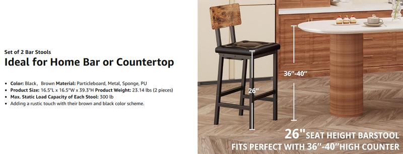 IRONCK Ergonomic Bar Stools Set of 2, 16.5" Square PU  Upholstered Stools with Back & Footrest, Thick Cushion for Kitchen  Island, Dining & Bar