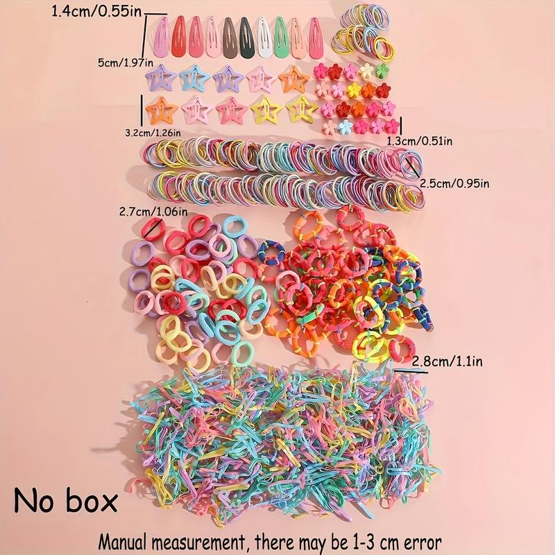 1340pcs（NO BOX） Dopamine Minimalist & Stylish Elastic Colored Hair Band & Clip Set for Girls Includes Water Drop Star Flower Clips And Hair Bands Integrated with Rubber Bands Suitable for All Four Seasons Random Colors Excellent Gift Choice