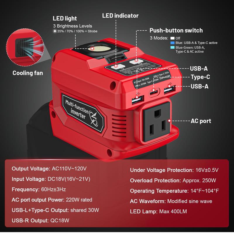 Azocek 220W Power Inverter for Milwaukee 18V & DeWalt 20V Batteries, DC to AC 110V Portable Power Station with AC Outlet, USB & Type-C Fast Charging, 400LM LED Light for Emergency Power & Outdoor Camping [Battery Not Included]