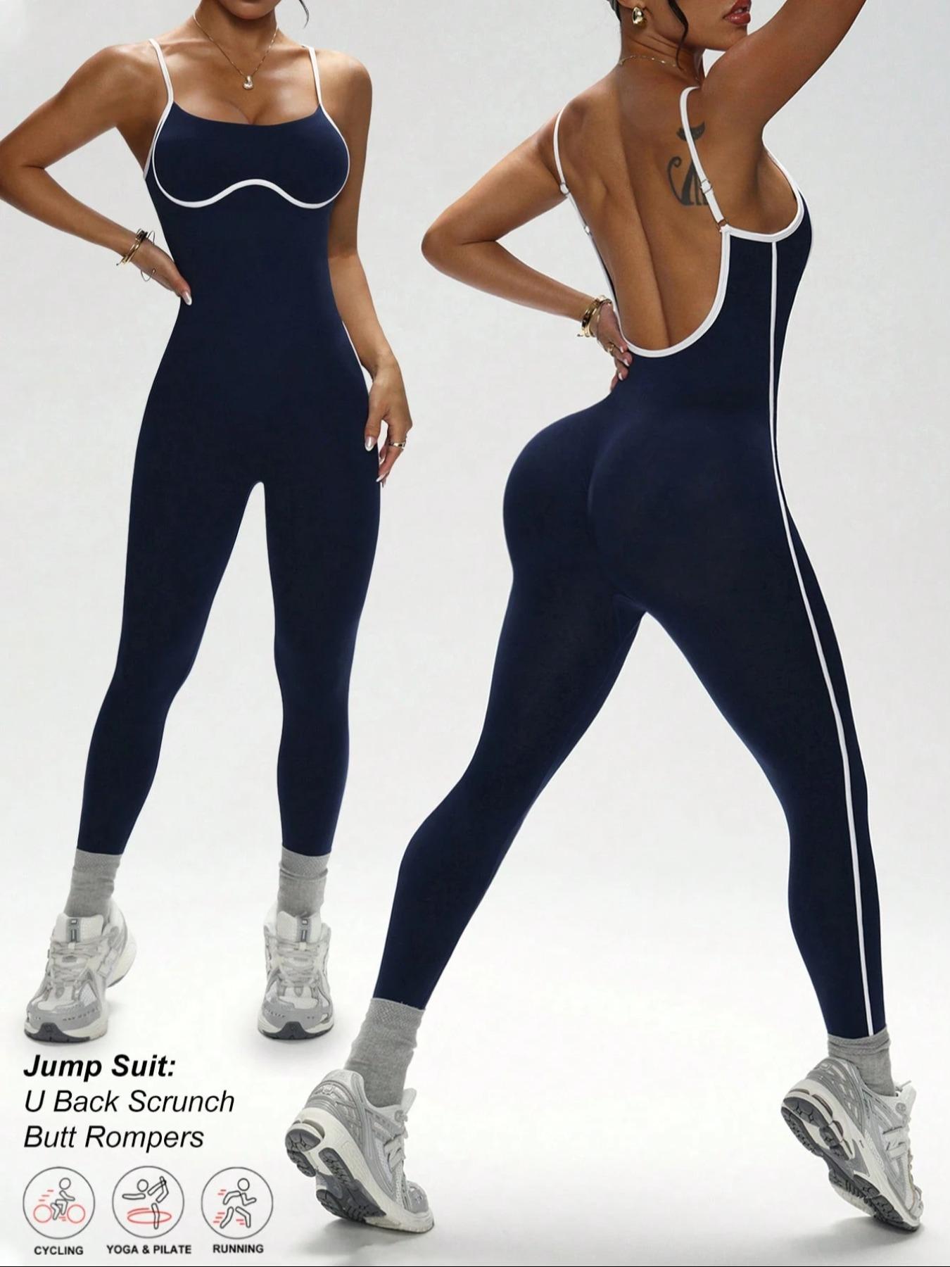 Women's Colorblock Square Neck High Elastic Yoga Bodysuit, Seamless Breathable Backless Outdoor Running Fitness Slimming Jumpsuit, Sportswear Jumpsuits