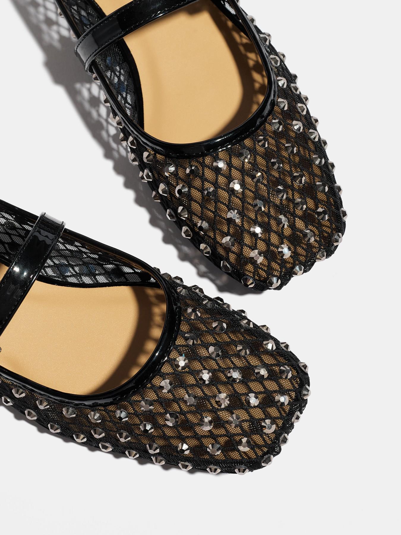 French Rhinestone Hollow Out Classic Mary Jane Shoes for Women, Chic Shoes, Elegant Fairy Style, Classy, Breathable Mesh, Square Toe, Medium Width, Plain Pattern