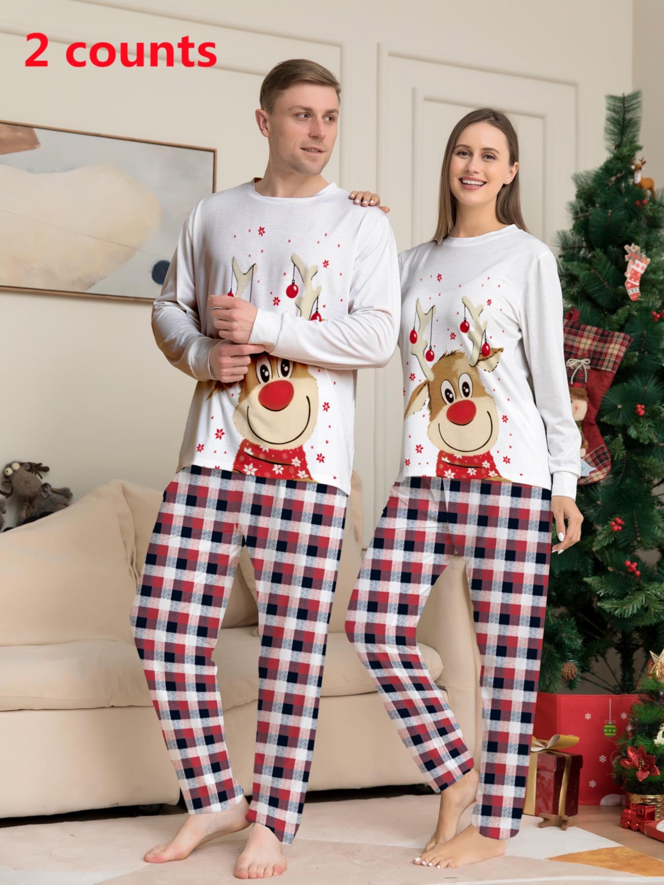Couple's Christmas Themed Print Pajama Two-piece Set, Casual Comfy Long Sleeve Top & Elastic Waist Pants PJ Set, Men's Sleepwear for Spring & Fall, Loungewear