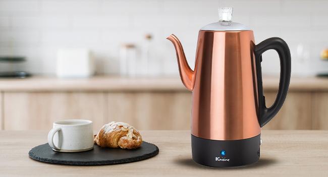 PER12 Stainless Coffee Percolator, 12 Cup, Polished Copper Finish, Gooseneck Spout, Clear Knob, Brewing Indication, Keep-Warm Function, Detachable Cord PER12 Stainless Coffee Percolator, 12 Cup, Polished Copper Finish, Gooseneck Spout, Clear Knob, Brewing Indication, Keep-Warm Function, Detachable Cord