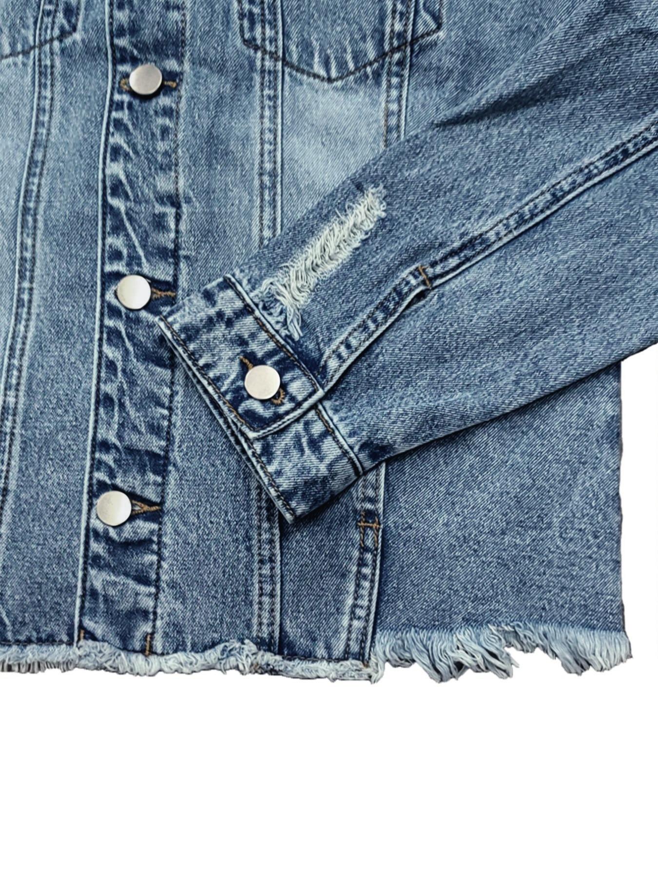 【Plus Size】 Solid Ripped Button Front Denim Jacket, Casual Long Sleeve Pocket Outerwear for Summer, Women's Clothes for Daily Wear
