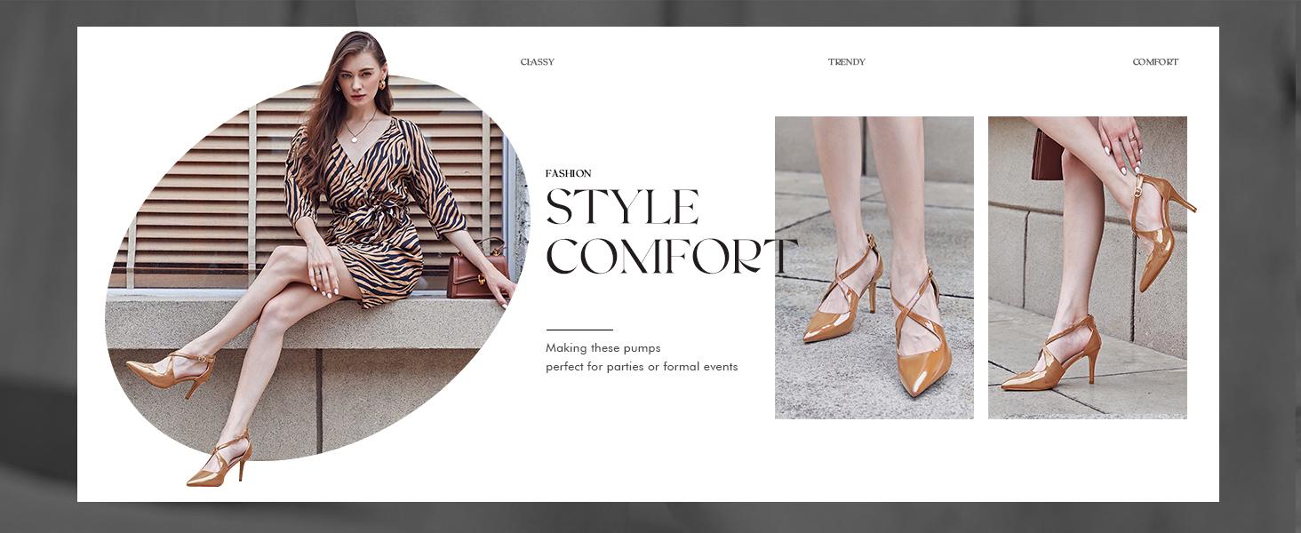 Coutgo Womens Pumps High Heels Pointed Toe Crossed Strap D'Orsay Zip up Stilettos Party Dress Shoes Dark Brown Footwear